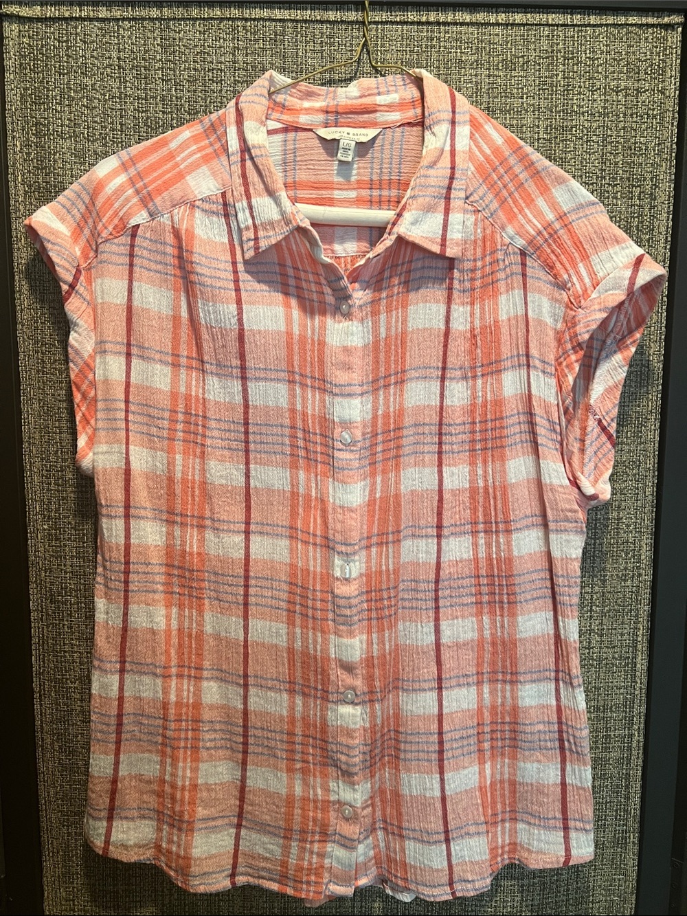Lucky Brand Coral and White Plaid Button-Down Shirt